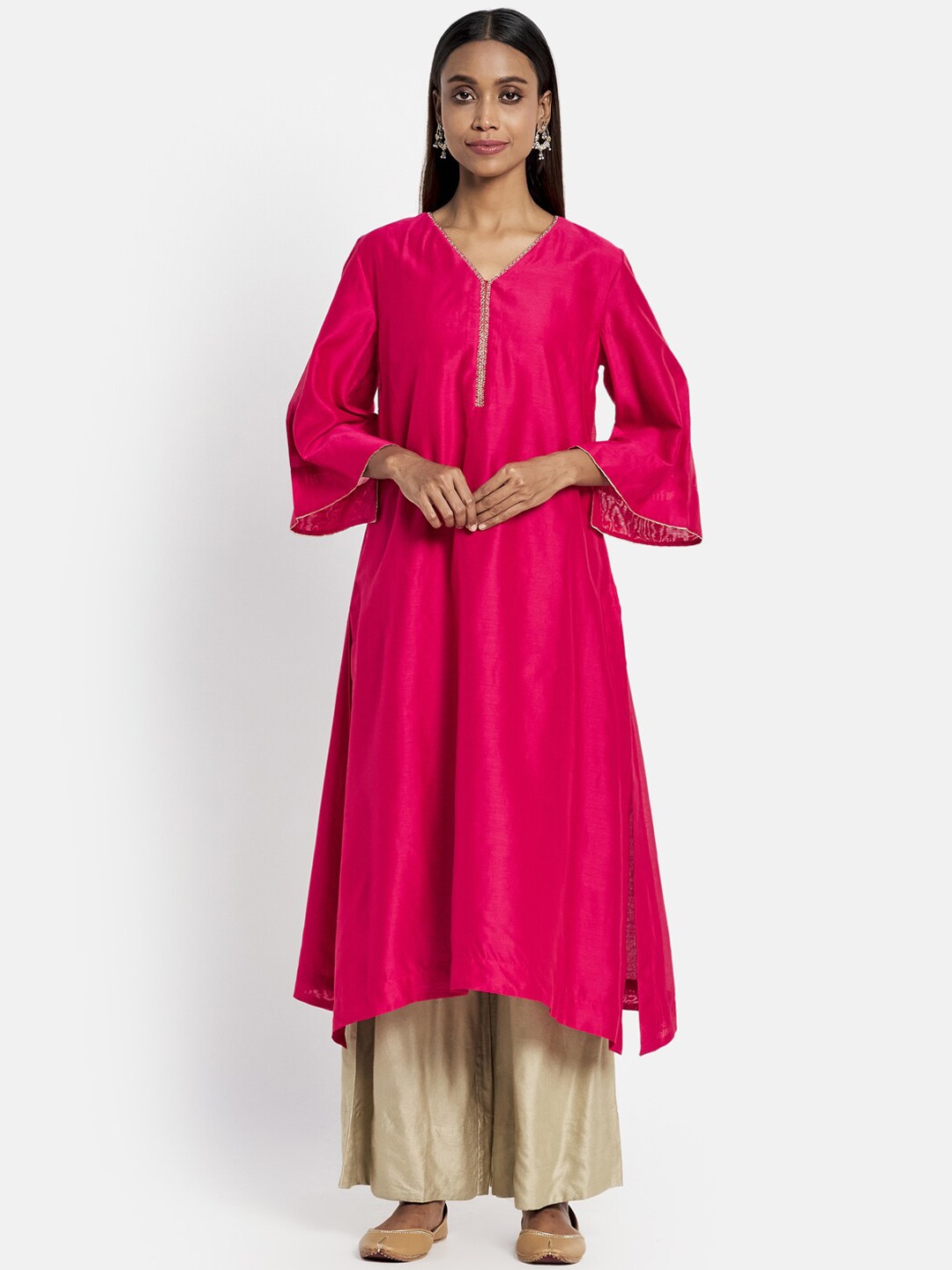 

Fabindia Flared Sleeves Asymmetric A-Line Thread Work Kurta, Fuchsia