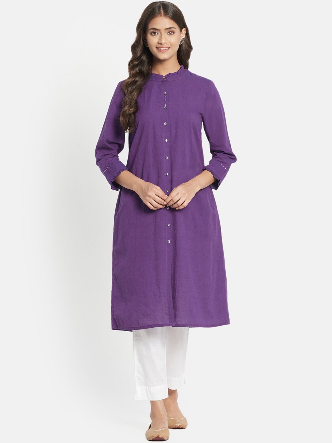 

Fabindia Round Neck Pleated A-Line Cotton Kurta, Purple