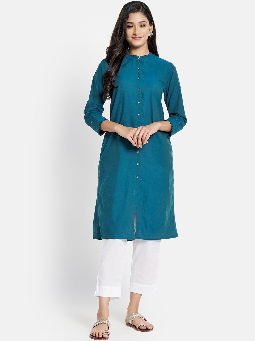

Fabindia Mandarin Collar Pleated A-Line Cotton Kurta, Teal