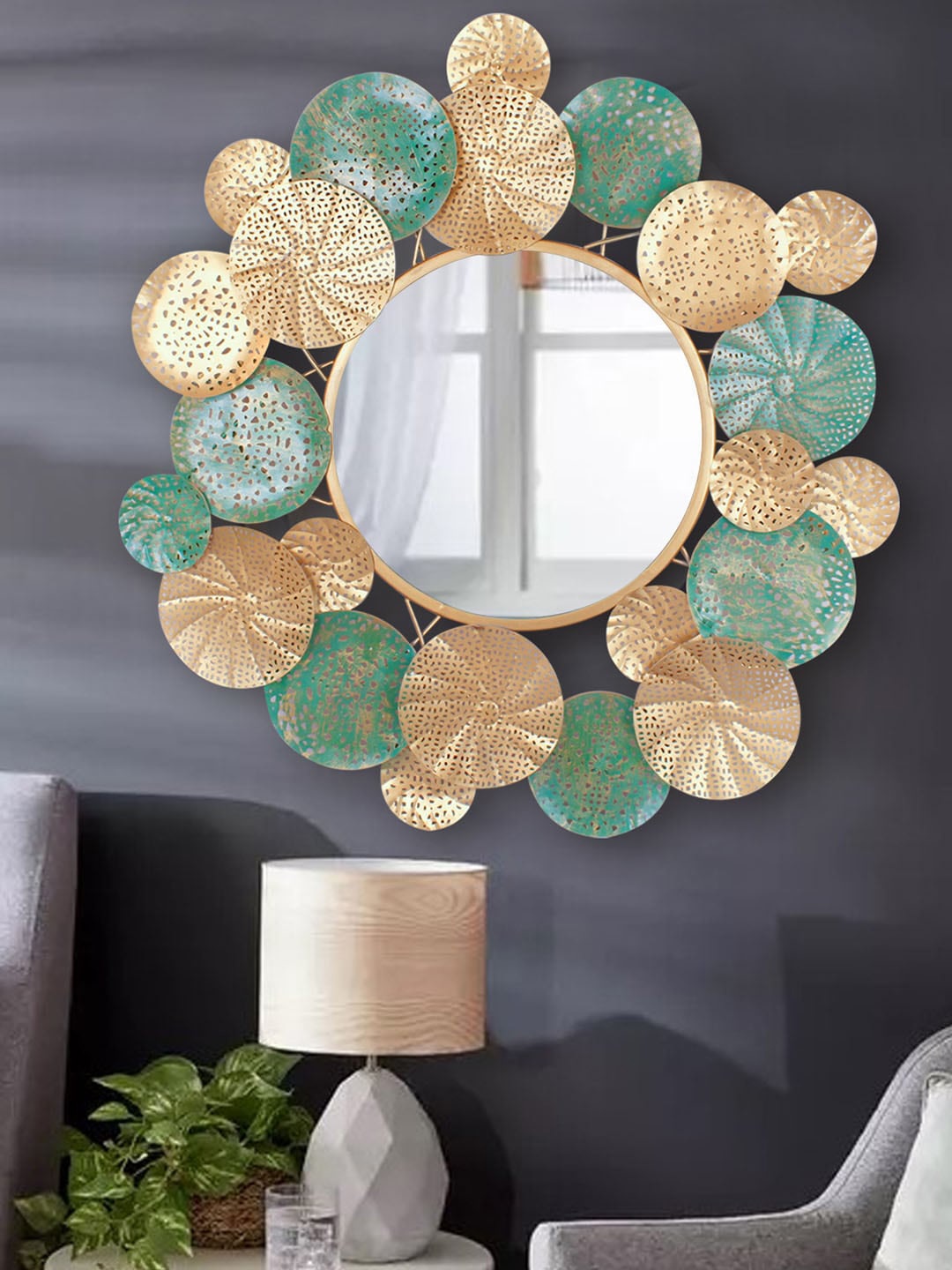 

TIED RIBBONS Gold-Toned & Turquoise Blue Textured Metal Framed Wall Mirror