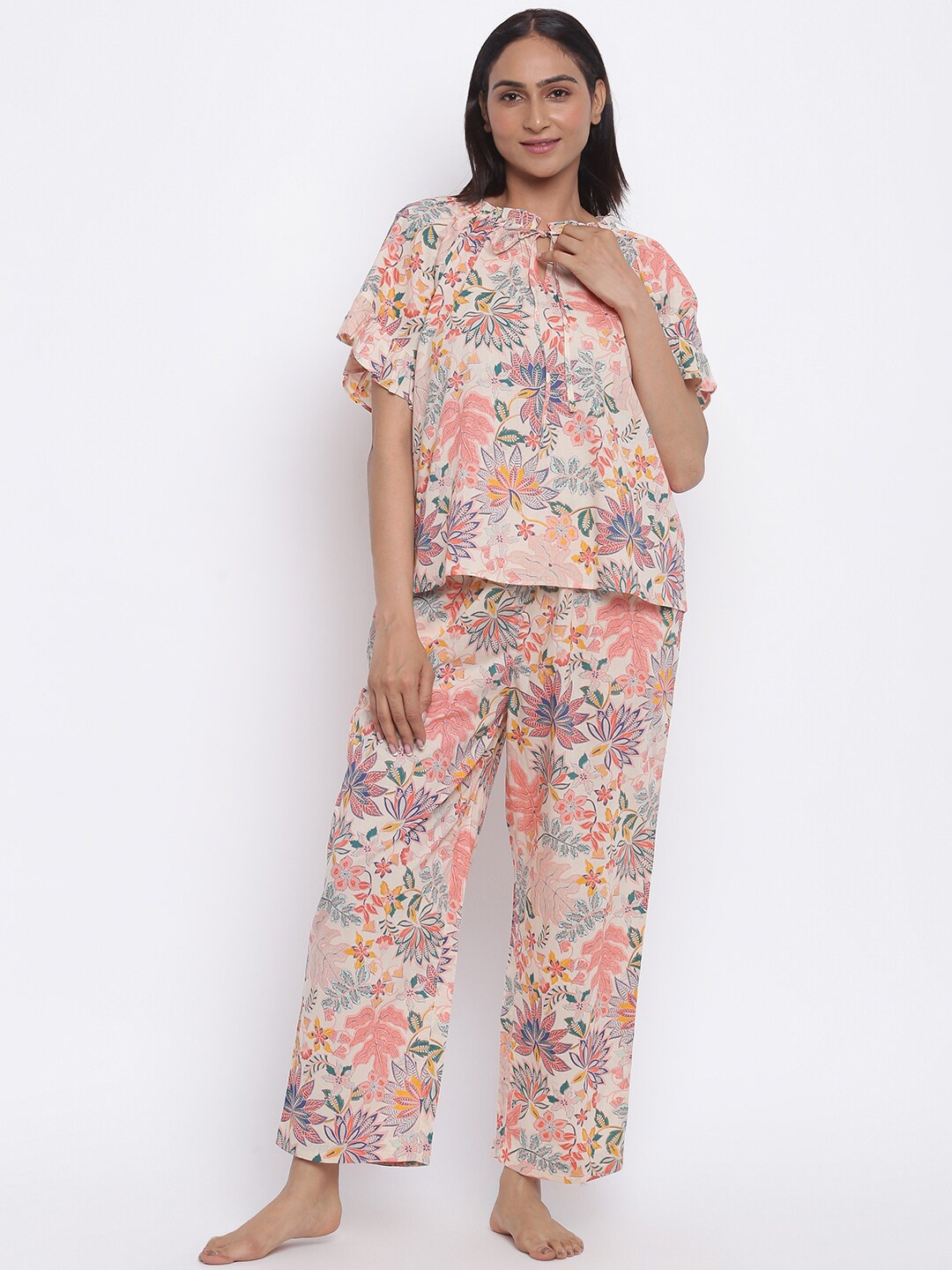

Fabindia Floral Printed Pure Cotton Night Suit, Peach
