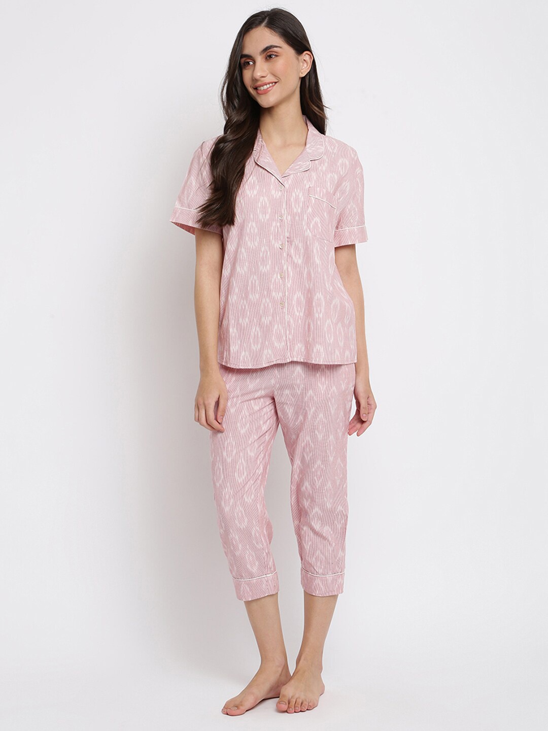 

Fabindia Ethnic Motifs Printed Pure Cotton Night Suit, Pink