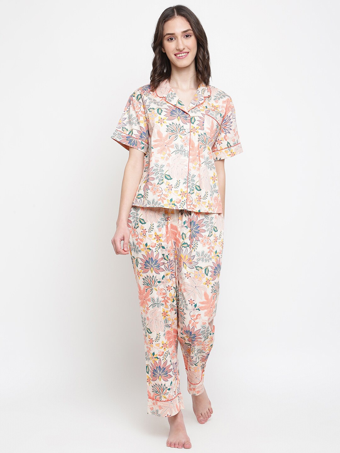 

Fabindia Floral Printed Pure Cotton Night Suit, Peach