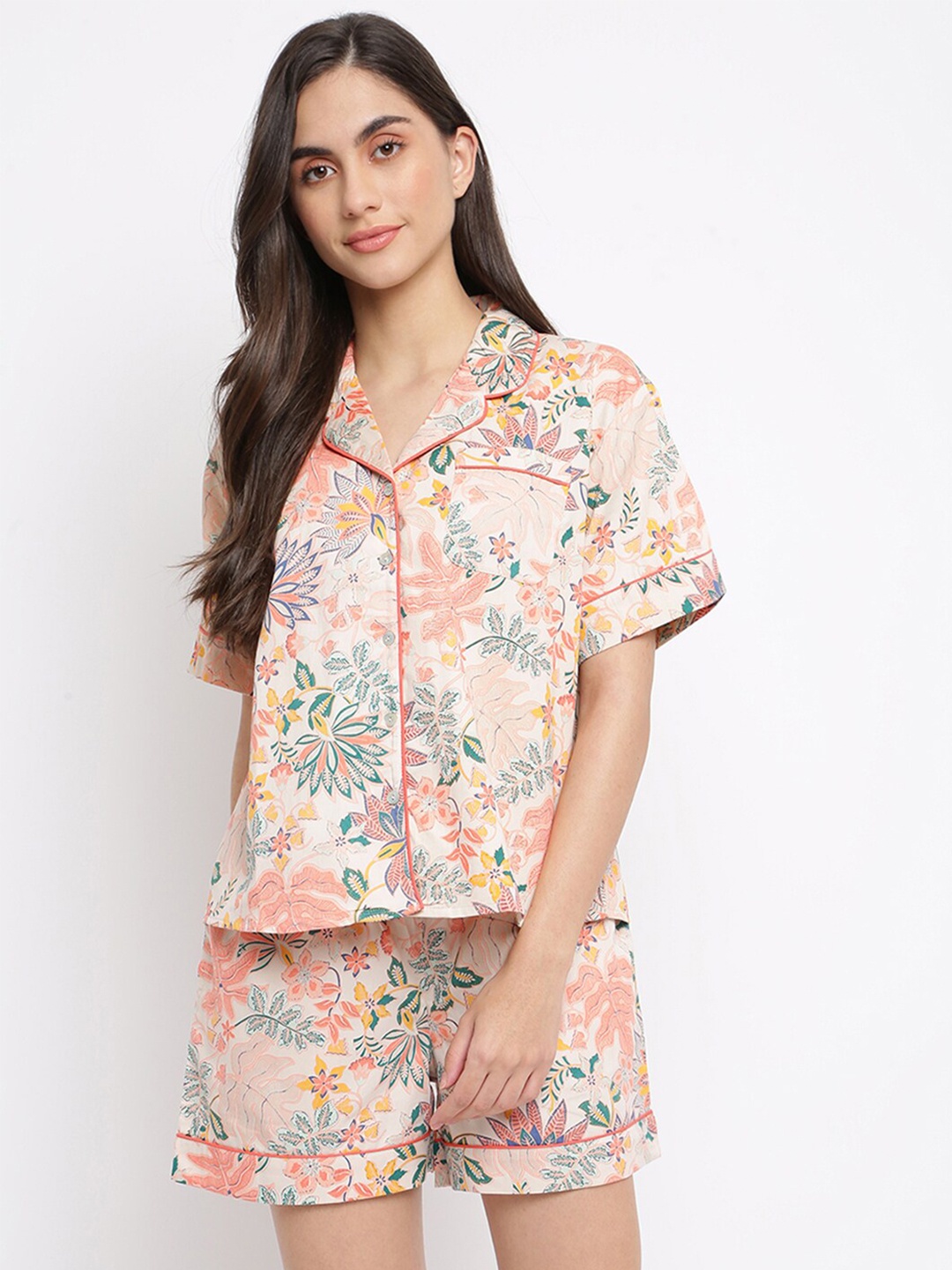 

Fabindia Floral Printed Pure Cotton Night Suit, Peach