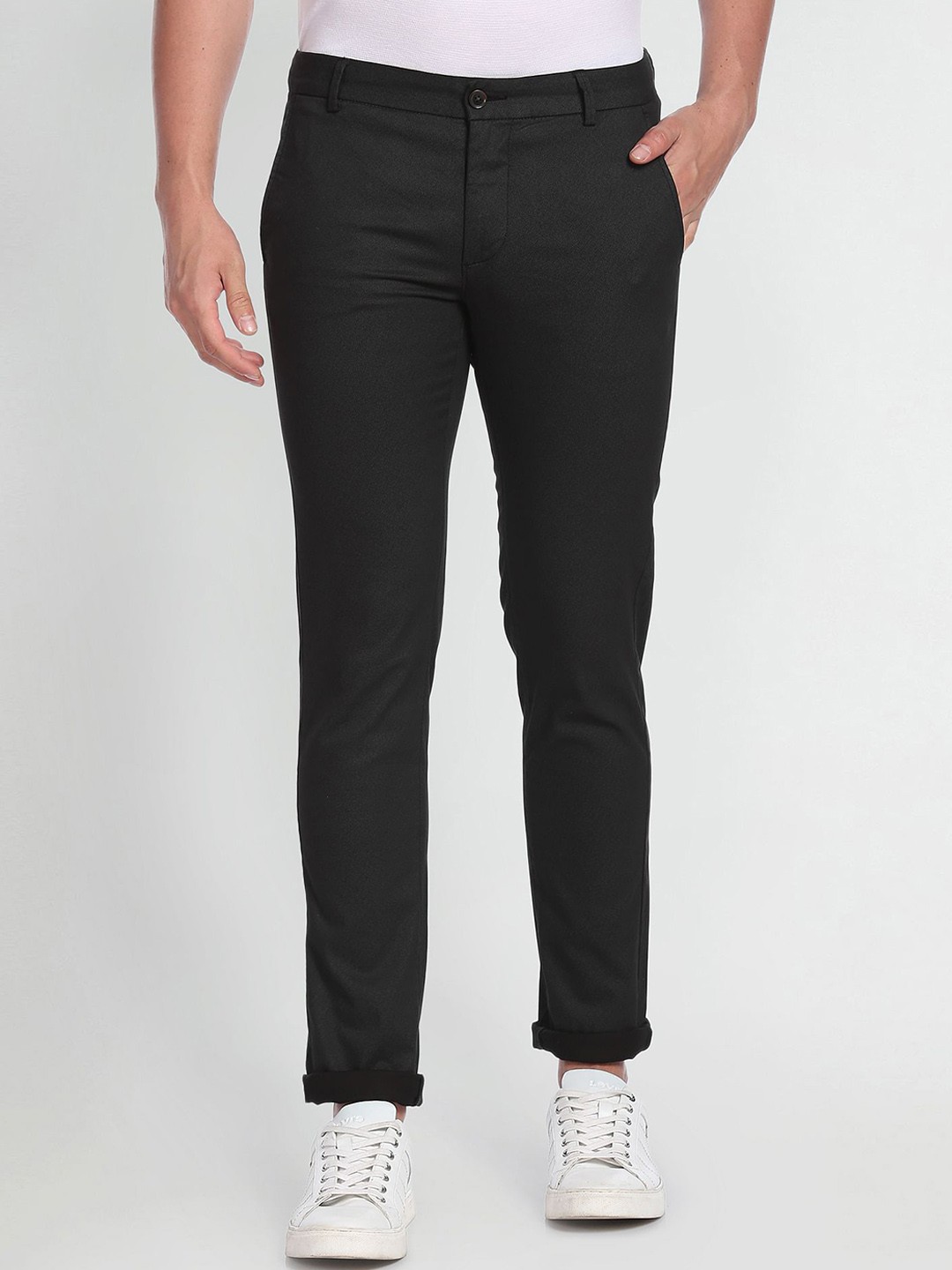 

Arrow Sport Men Textured Slim Fit Low-Rise Trousers, Black