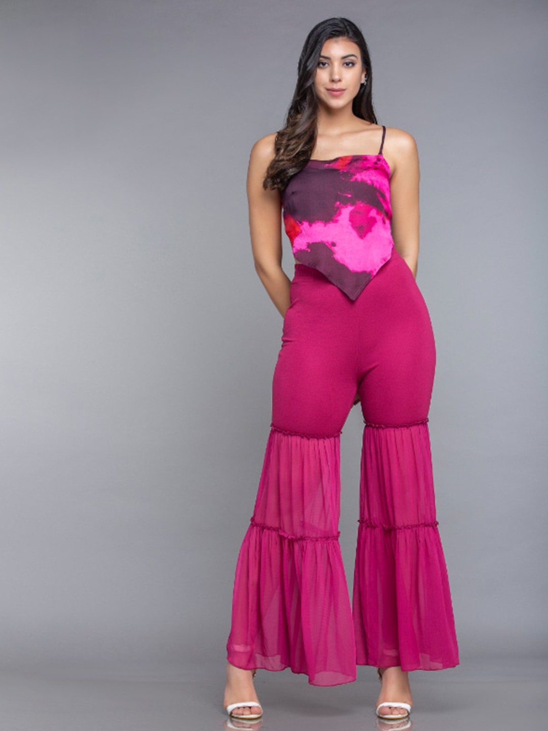 

MKOAL Printed Tie-Up Detail Crop Top, Pink