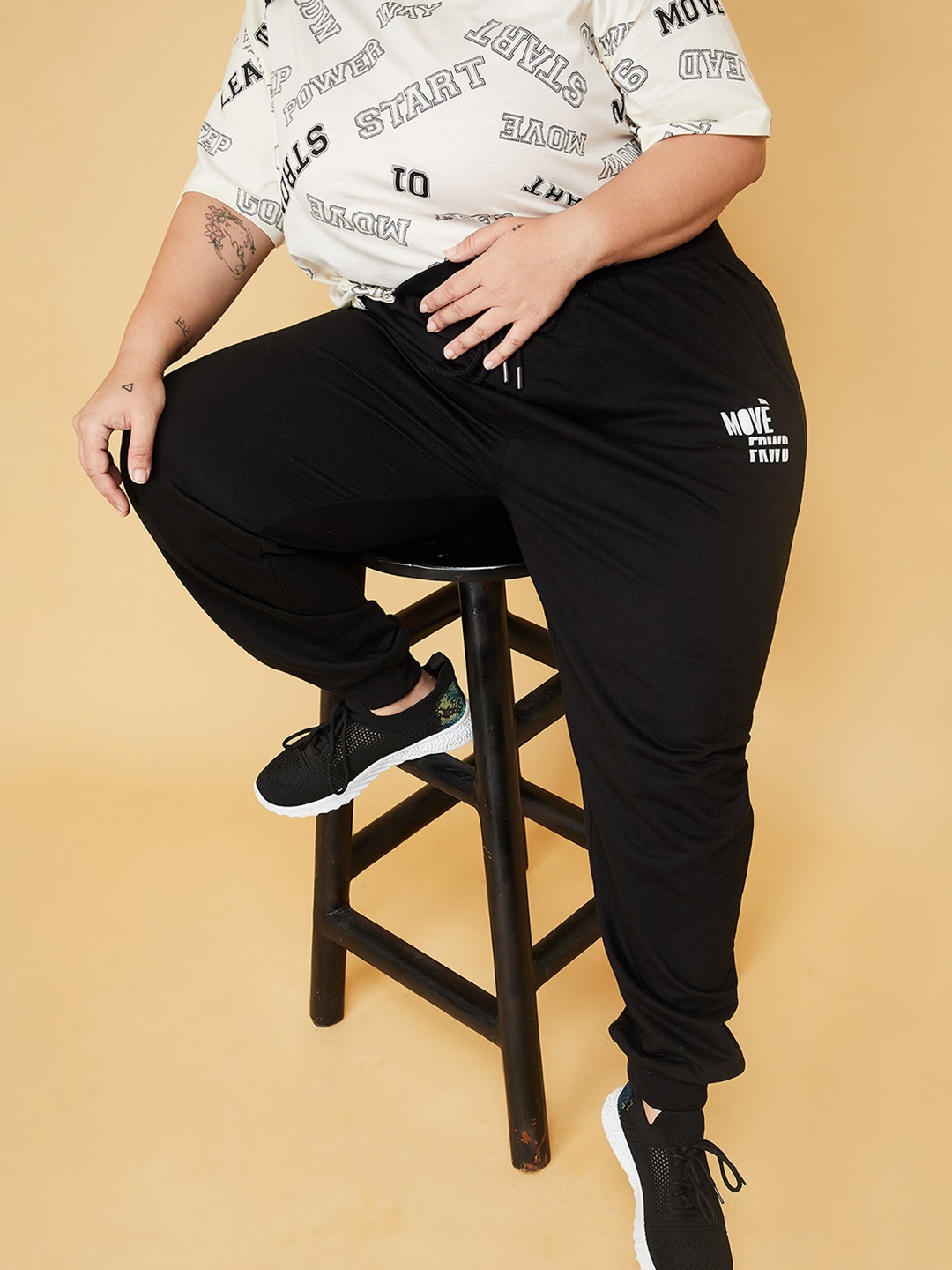 

max Women Plus Size Cotton Printed Details Regular Fit Joggers, Black