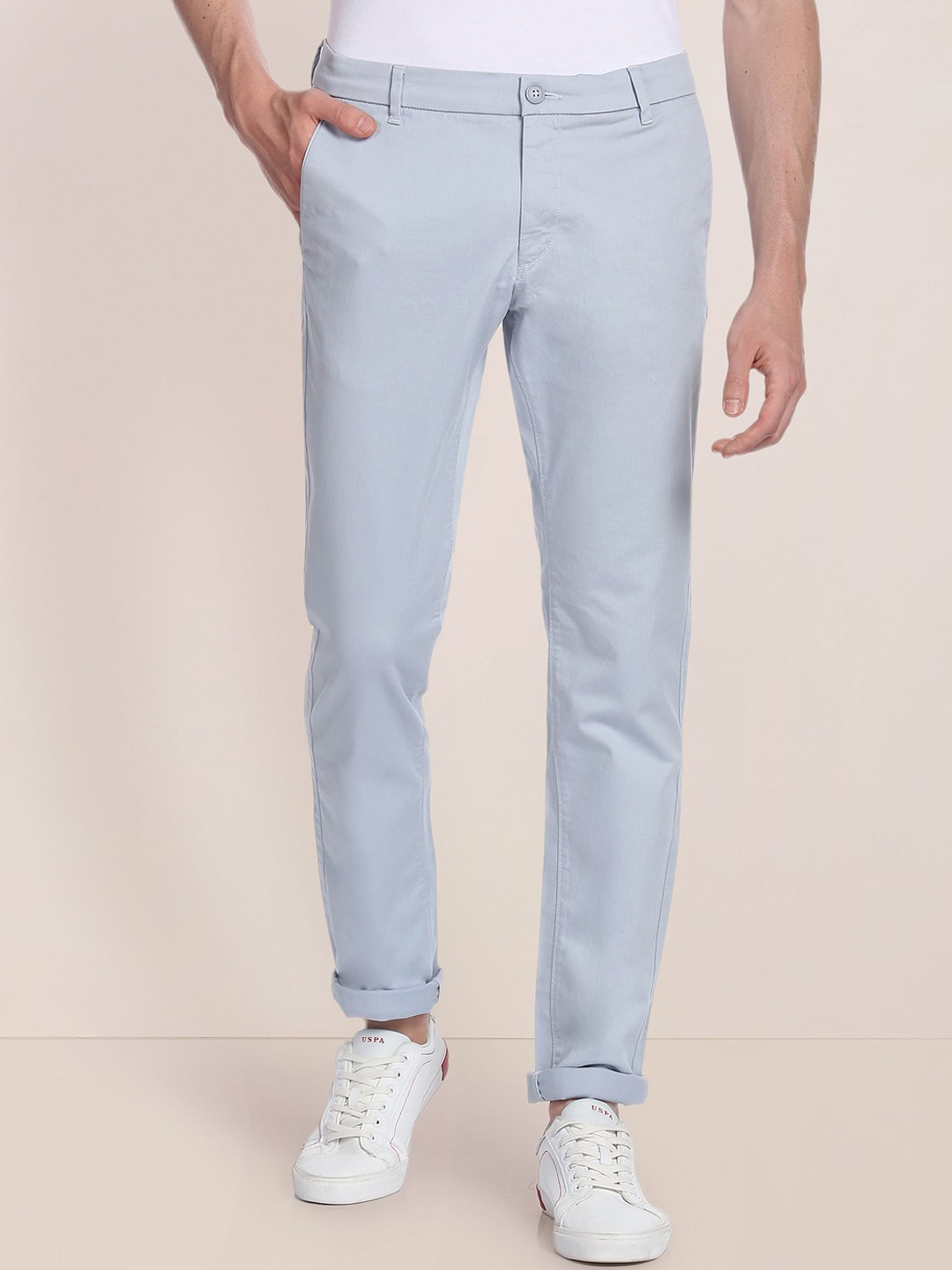 

U.S. Polo Assn. Men Mid-Rise Slim Fit Plain Chinos Trousers, Blue