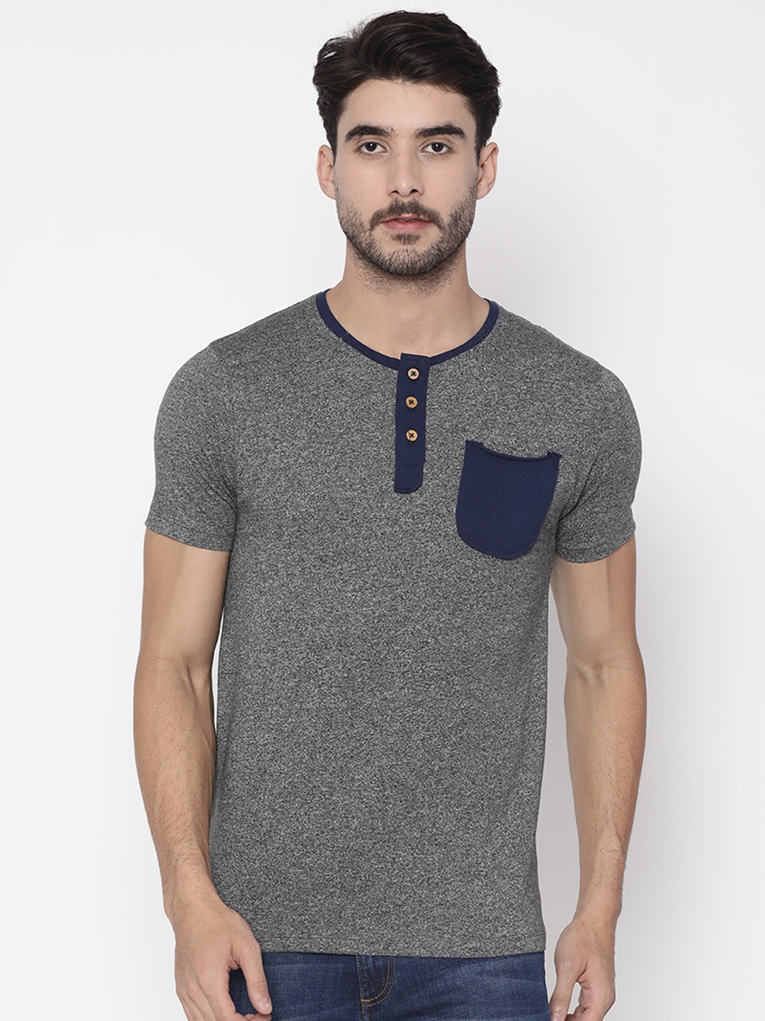 

Slub Men Grey Melange Solid Henley Neck Pure Cotton T-shirt