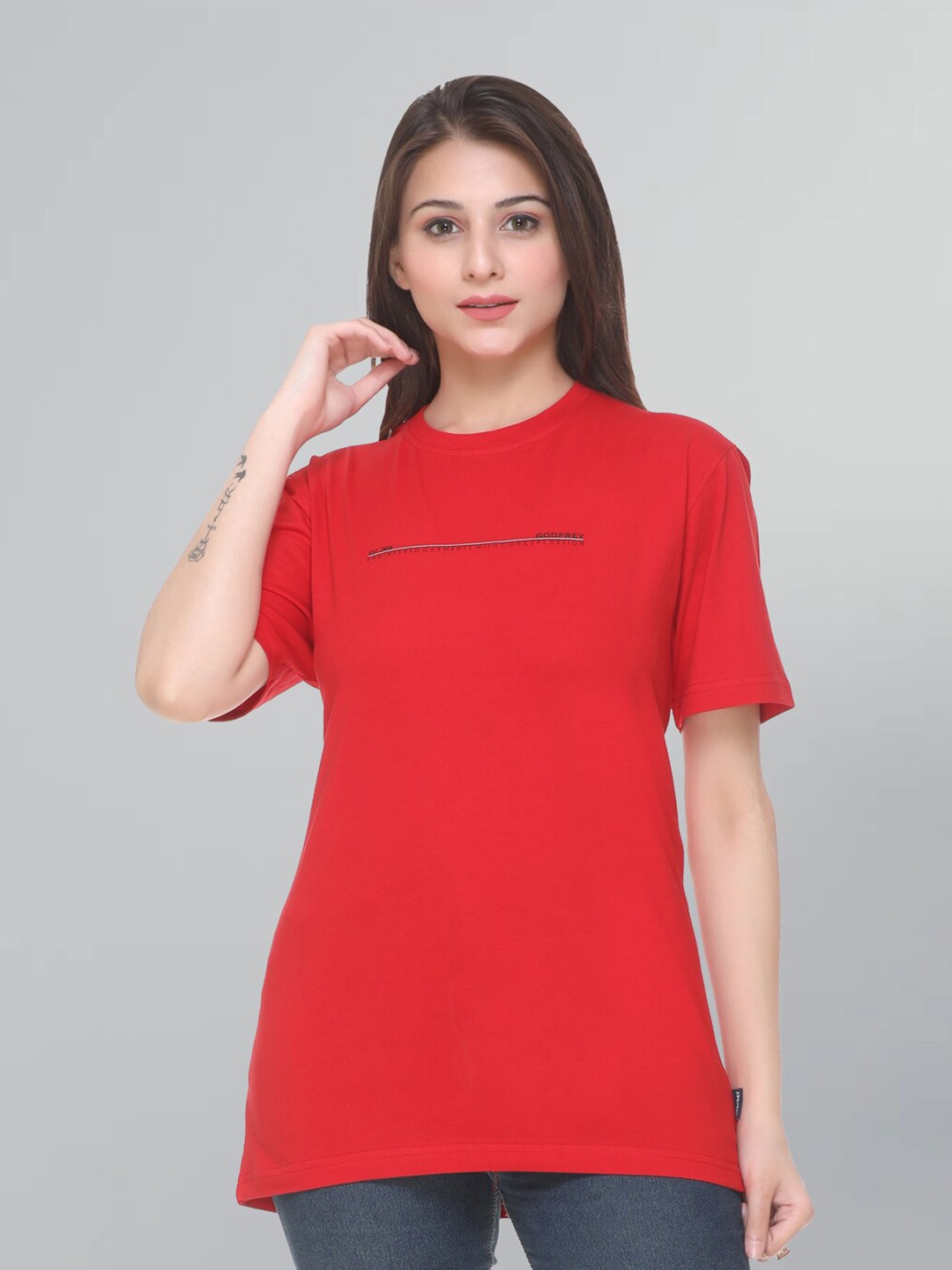 

GODFREY Round Neck Drop-Shoulder Sleeves Dry Fit T-shirt, Red