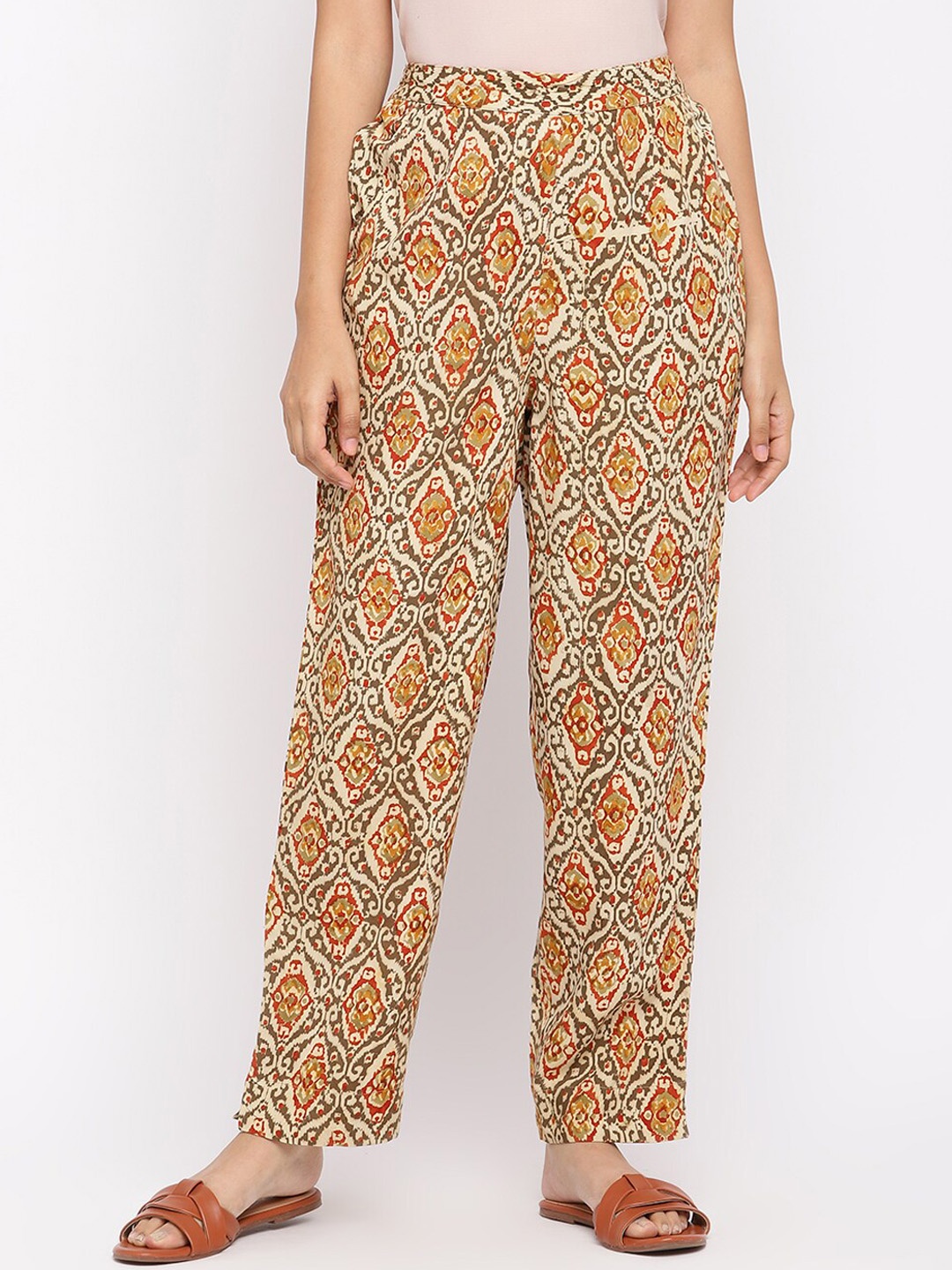 

Fabindia Women Printed Parallel Trousers, Green