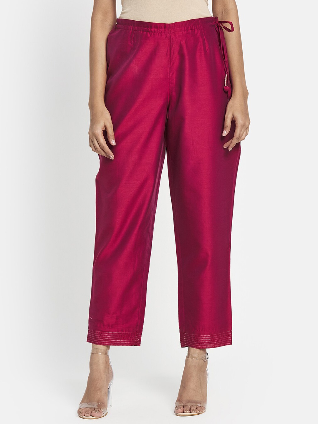 

Fabindia Women Ankle Length Mid-Rise Trousers, Maroon