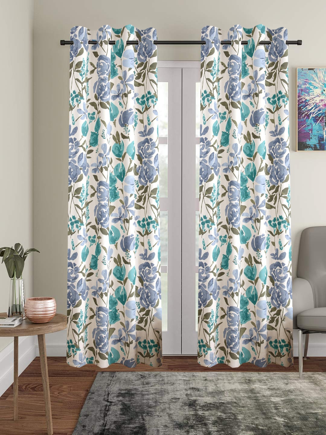

Trance Home Linen White & Blue 2 Pieces Floral Printed Door Curtains