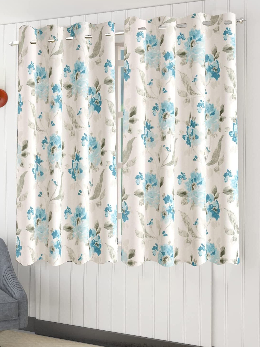

Trance Home Linen White & Blue 2Pcs Floral Printed Cotton Window Curtains