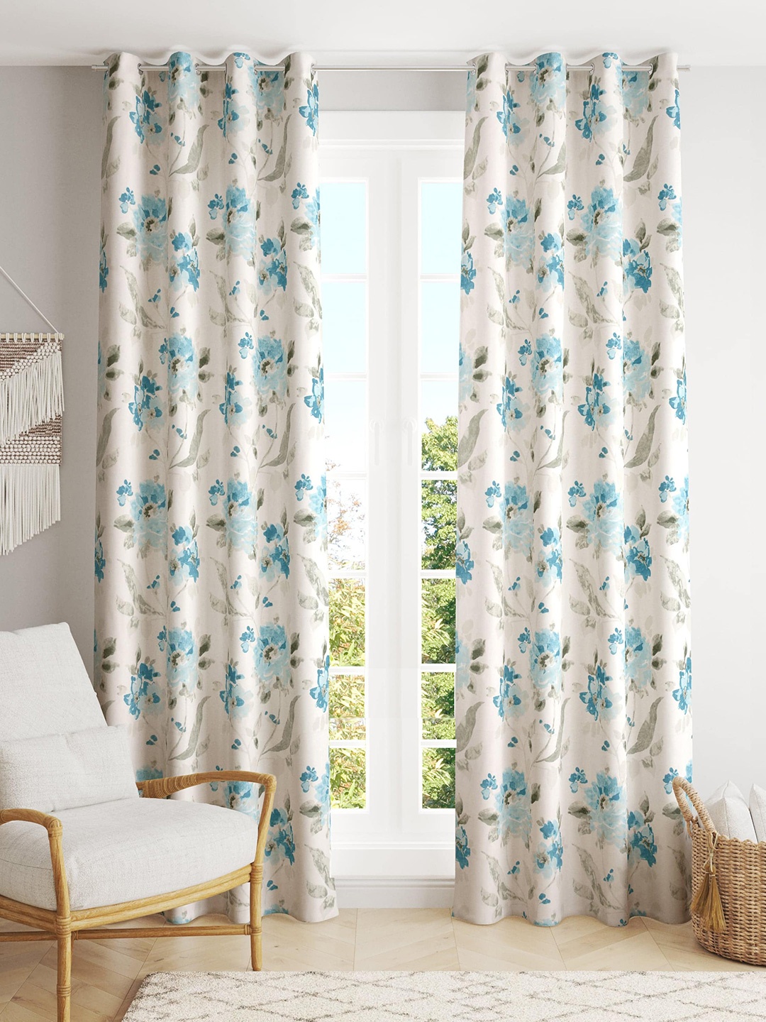 

Trance Home Linen White & Blue 2 Pieces Floral Printed Cotton Long Door Curtain