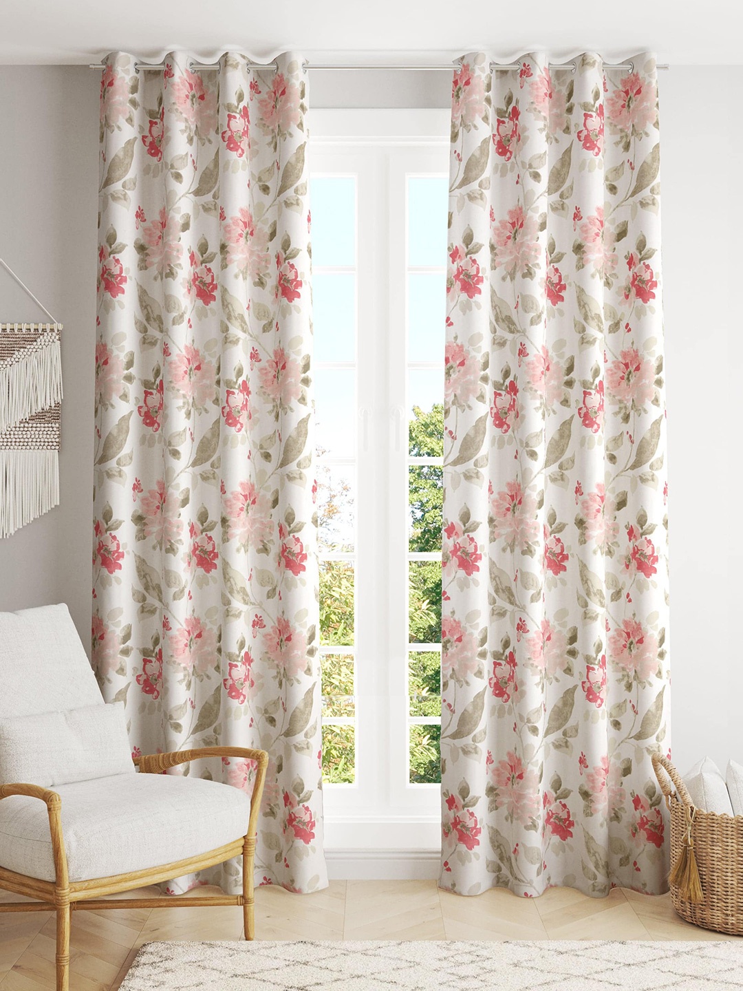 

Trance Home Linen White & Pink 2 Pieces Floral Printed Cotton Long Door Curtain