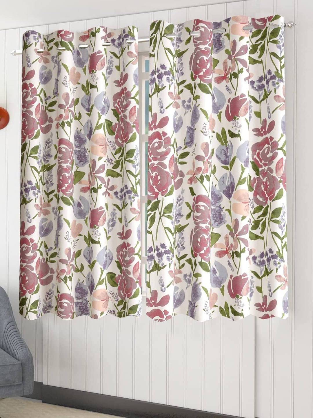 

Trance Home Linen White & Purple 2 Pieces Floral Printed Cotton Window Curtains