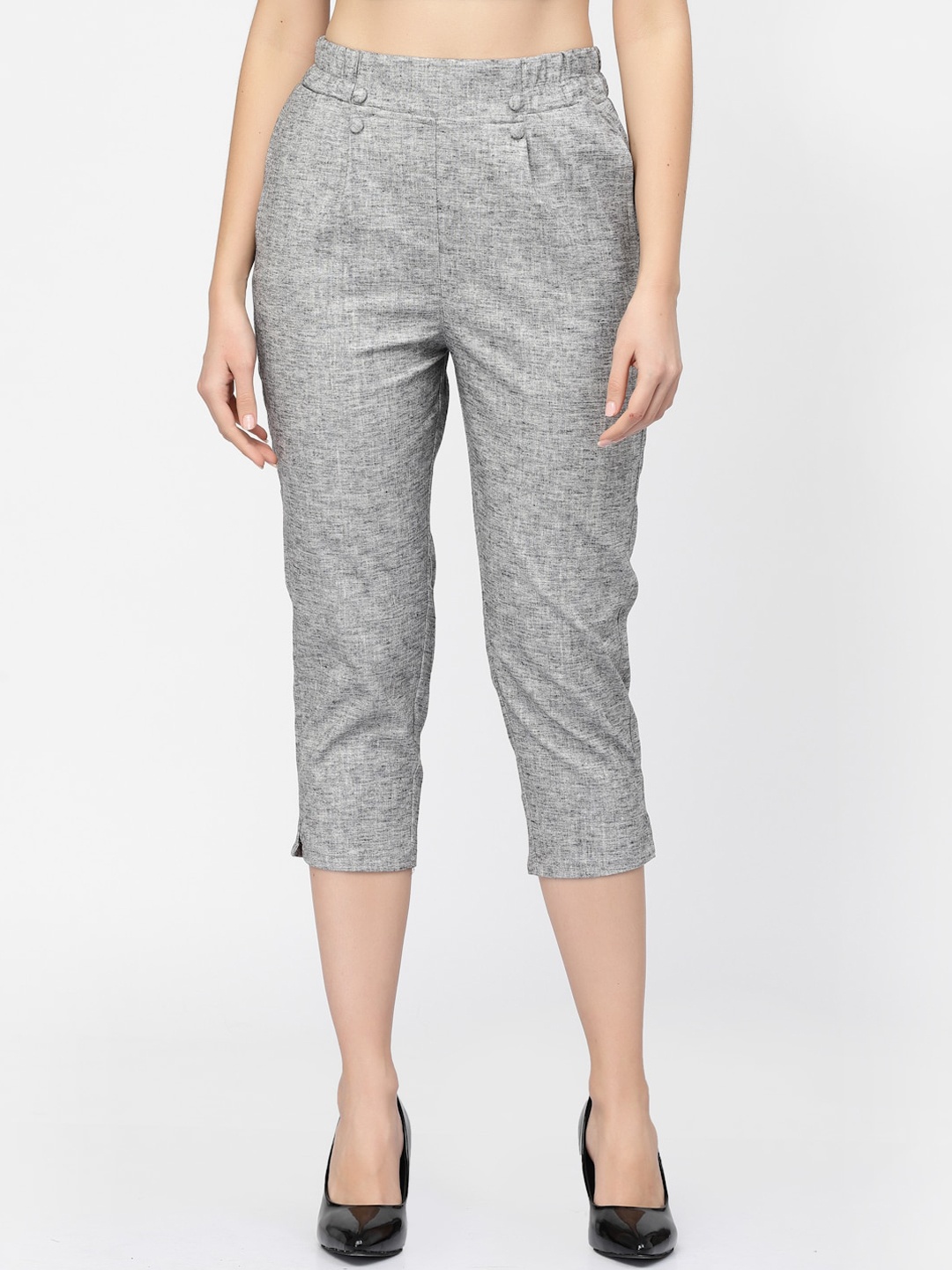 

Westwood Women High-Rise Easy Wash Pleated Three-Fourth Cotton Trousers, Grey melange