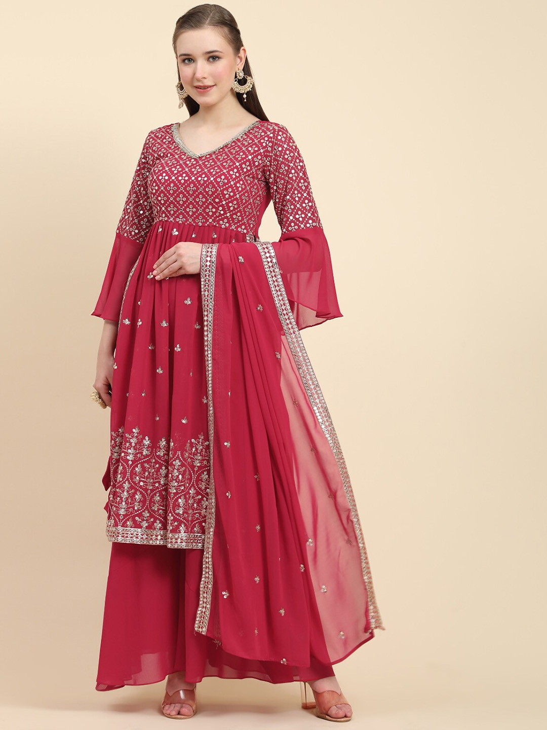 

KALINI Floral Embroidered Thread Work Kurta With Palazzos & Dupatta, Pink