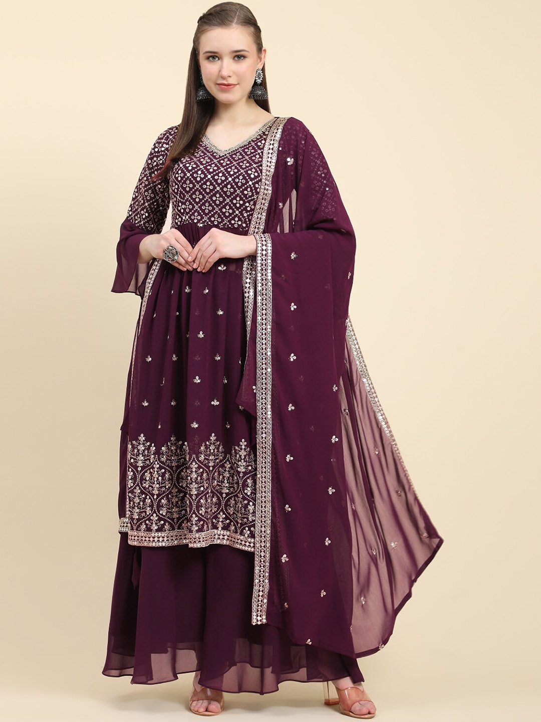 KALINI Floral Embroidered Thread Work A-line Kurta With Palazzos & Dupatta, Purple