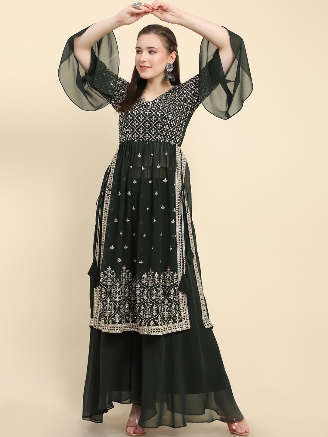 

KALINI Ethnic Motifs Embroidered Kurta With Palazzos & Dupatta, Green