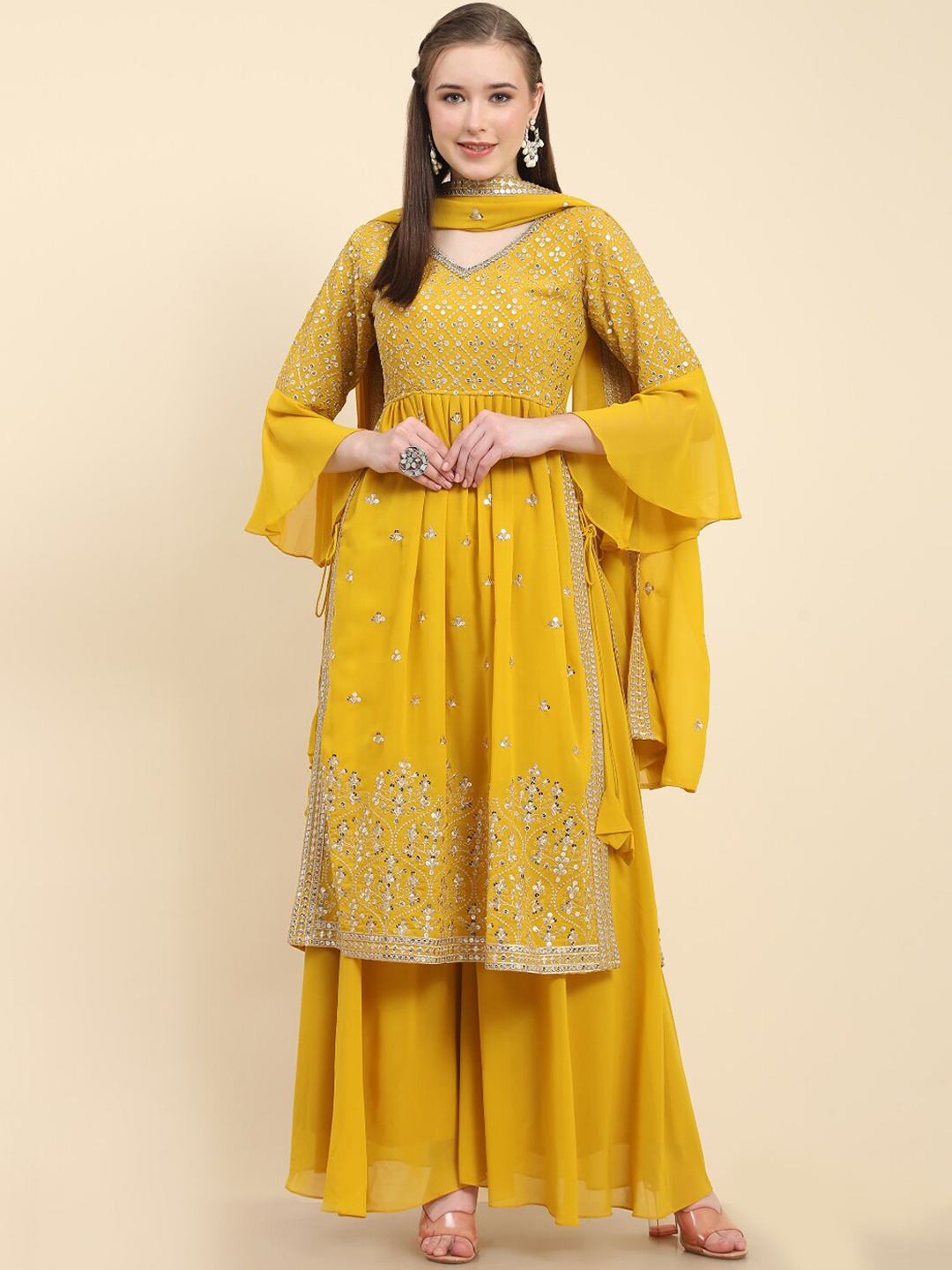 

KALINI Floral Embroidered Sequins Kurta With Palazzos & Dupatta, Yellow