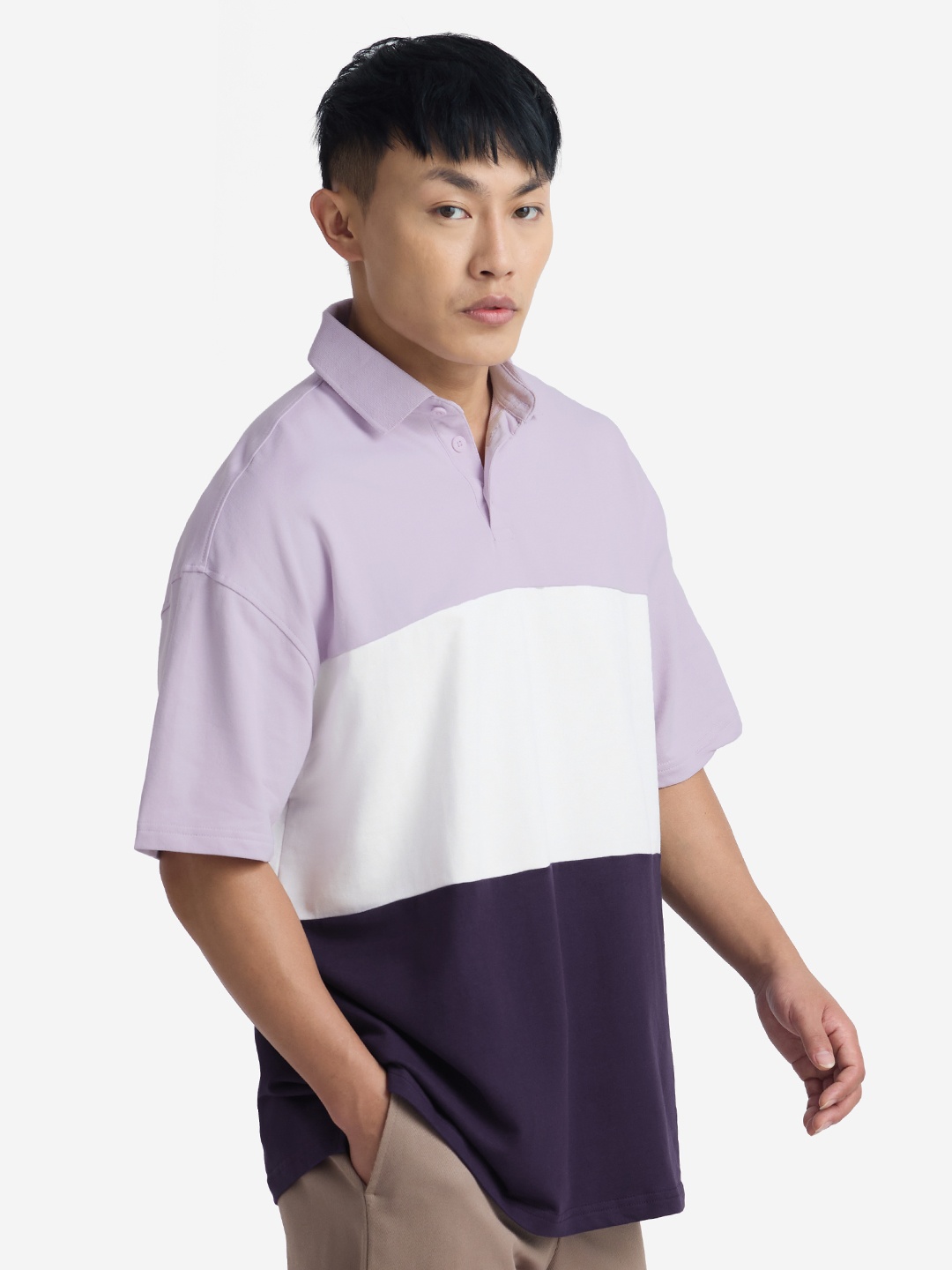 

The Souled Store Colourblocked Polo Collar Cotton Loose Fit Oversized T-Shirt, Lavender