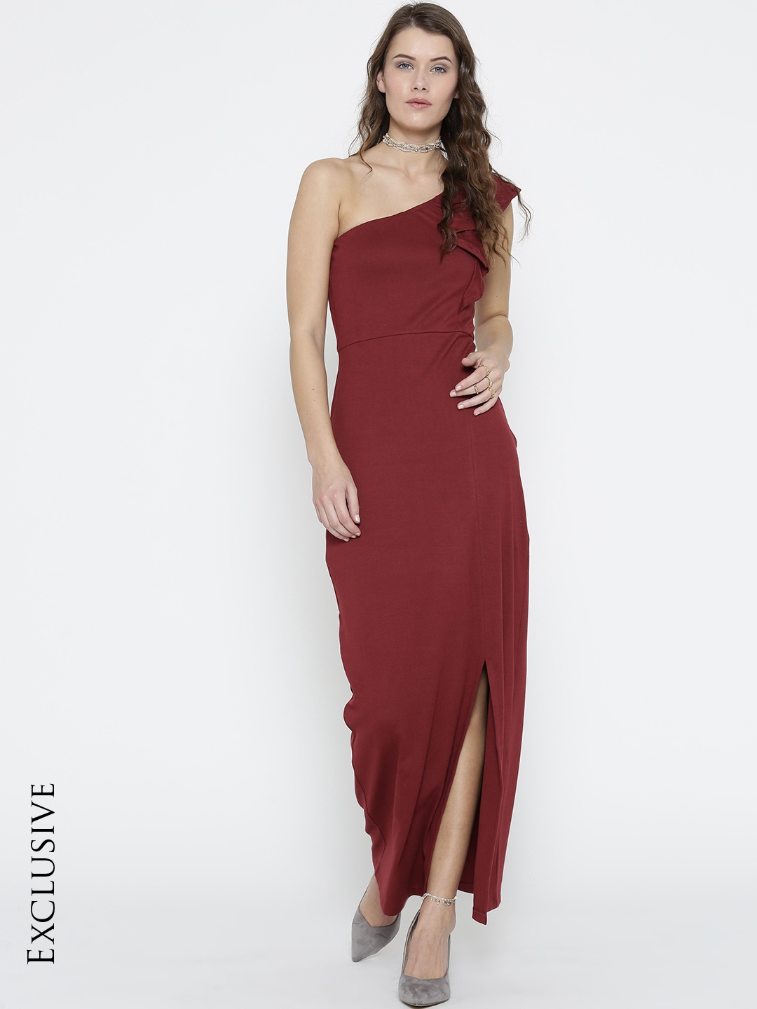 

Miss Chase Women Maroon One-Shoulder Ruffled Solid Maxi Dress