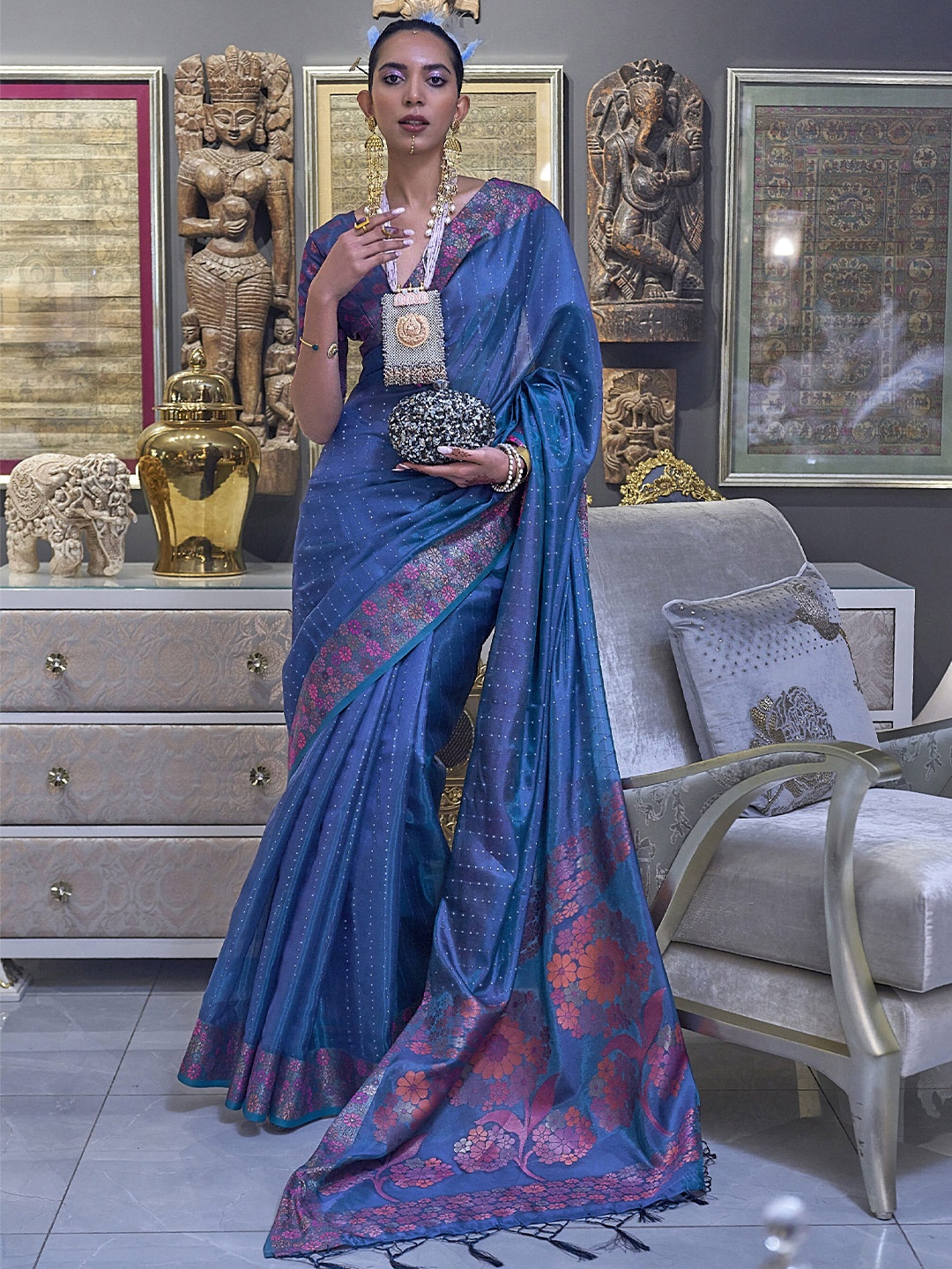 

elora Sequinned Embellished Woven Design Organza Bhagalpuri Saree, Blue
