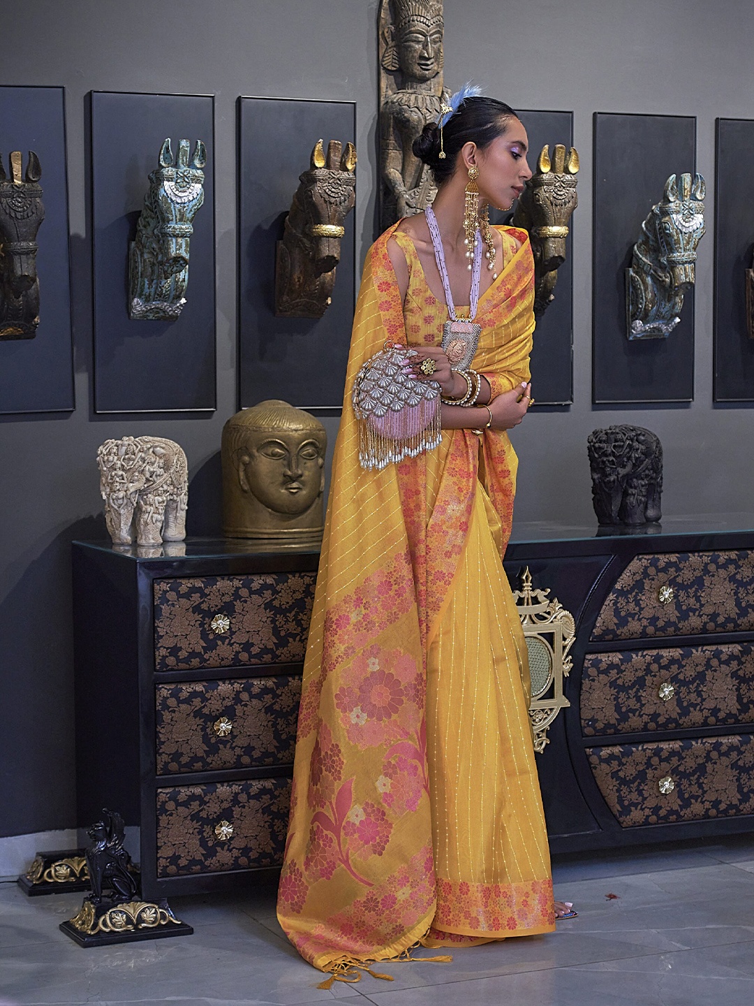 

elora Sequinned Embellished Woven Design Organza Bhagalpuri Saree, Yellow
