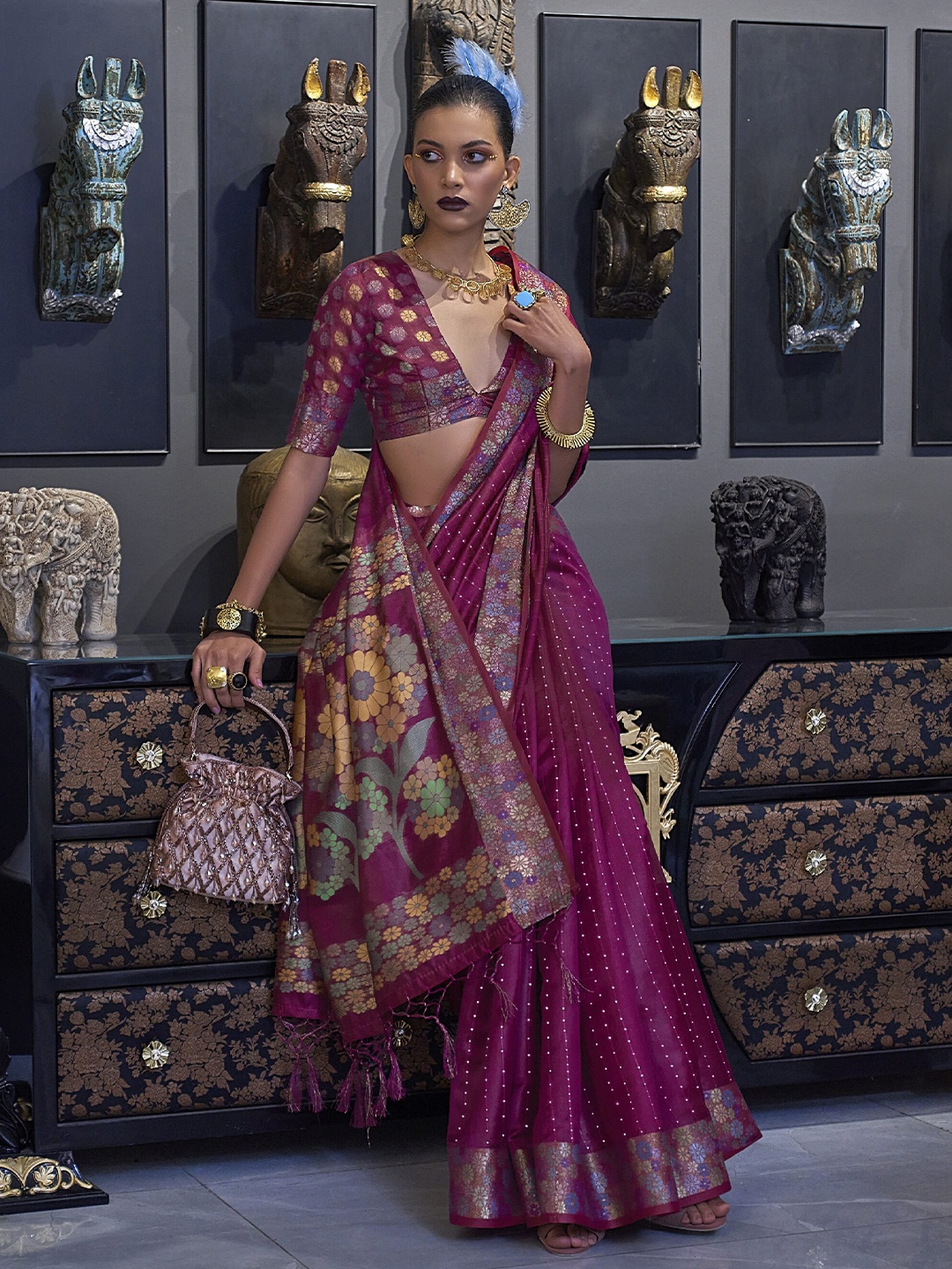 

elora Woven Design Organza Bhagalpuri Saree, Magenta
