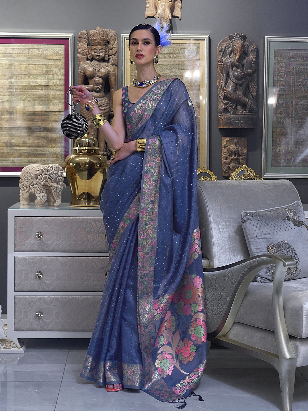 

elora Woven Design Organza Bhagalpuri Saree, Blue