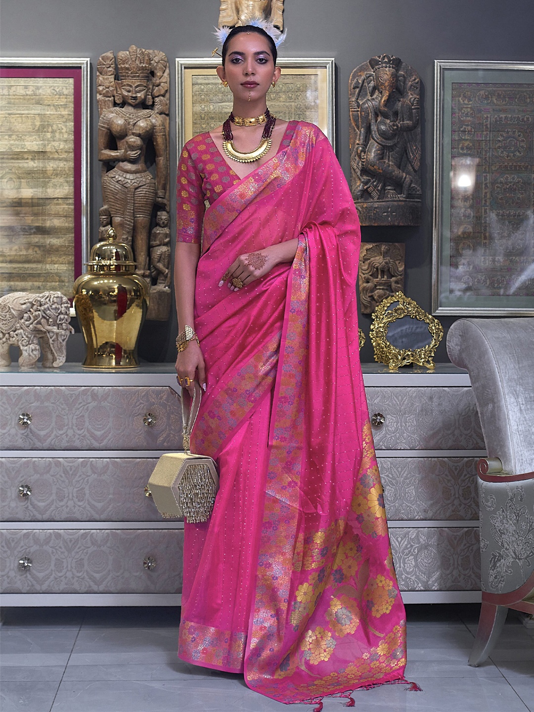 

elora Woven Design Organza Bhagalpuri Saree, Pink