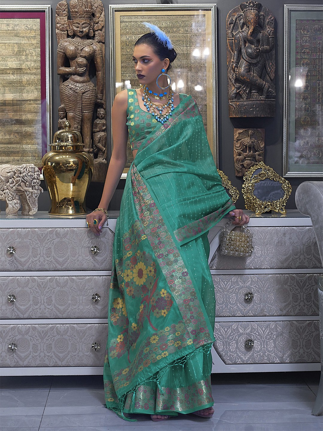 

elora Woven Design Organza Bhagalpuri Saree, Green