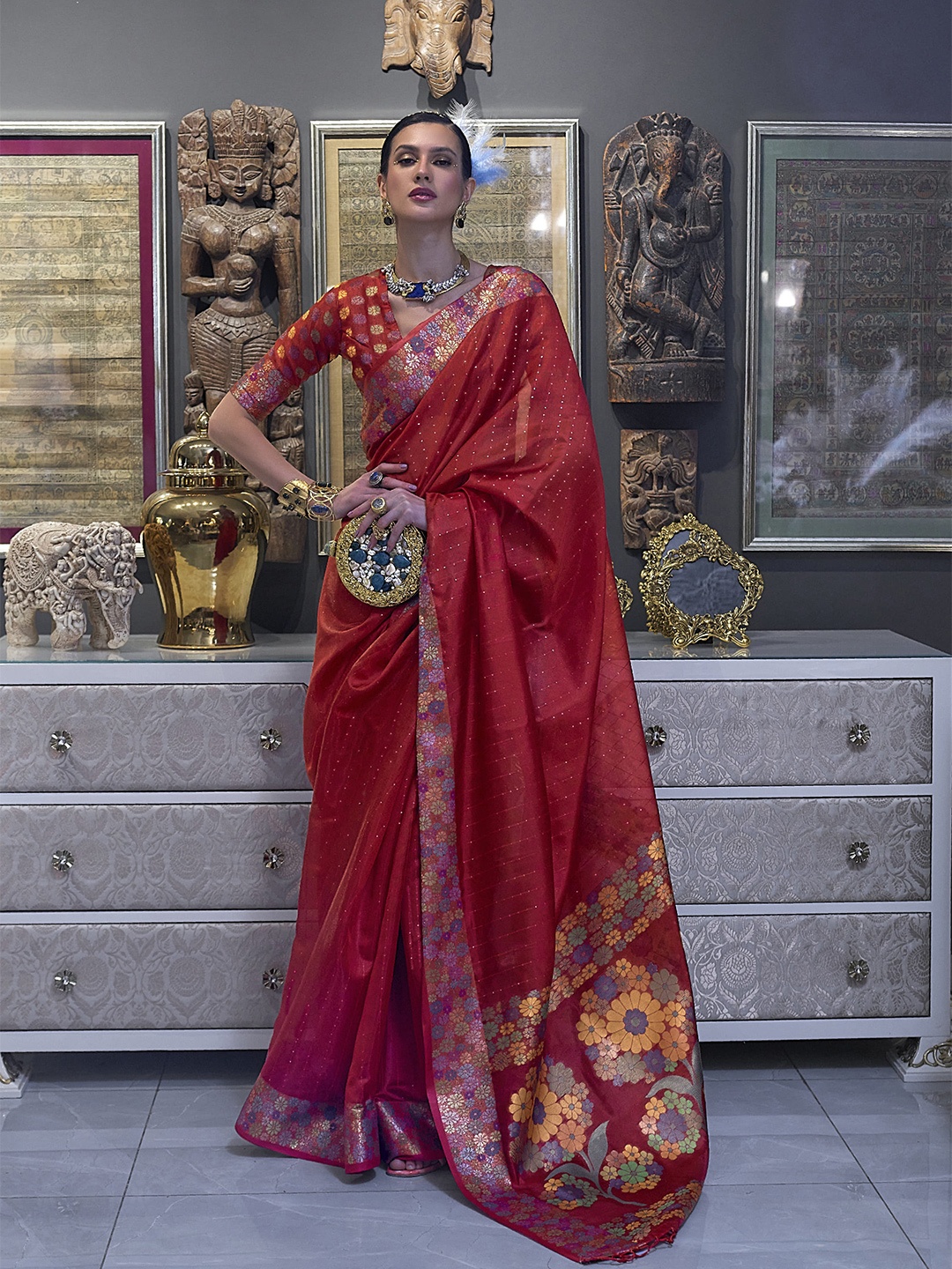 

elora Woven Design Organza Bhagalpuri Saree, Red