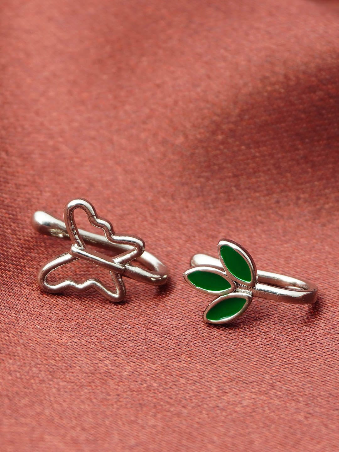 

Ferosh Set Of 2 Silver-Plated Leaf & Butterfly Clip-On Nose Pins, Green