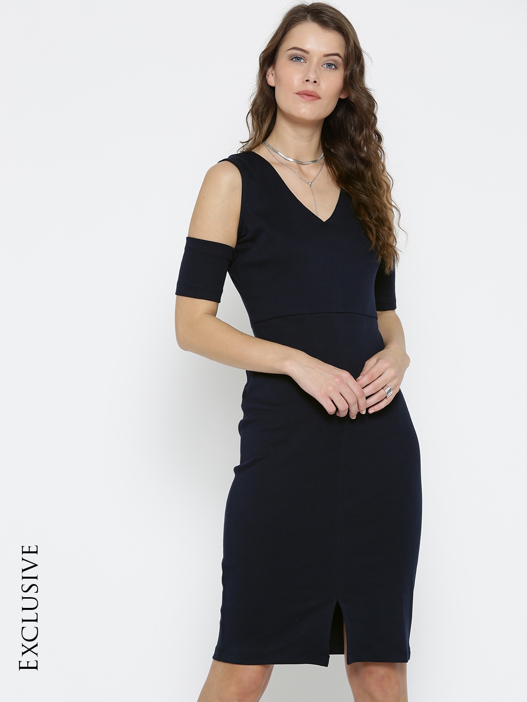 

Miss Chase Women Navy Blue Solid Cold-Shoulder Sheath Dress