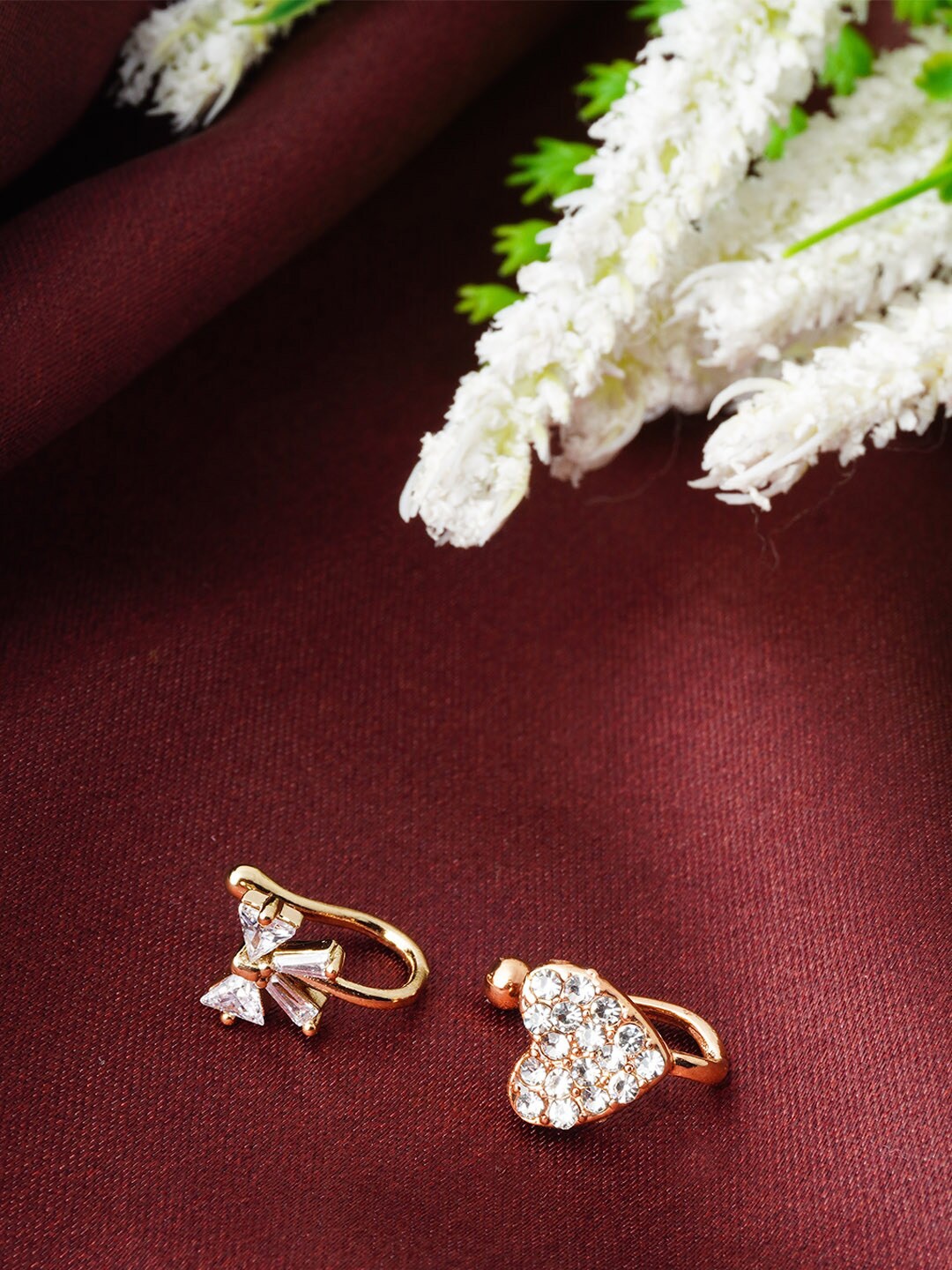 

Ferosh Set of 2 Gold-Plated Stone Studded Crystal Heart & Bow Nosepins, White