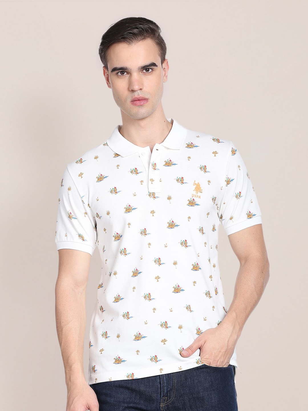 

U.S. Polo Assn. Printed Polo Collar Cotton T-shirt, White