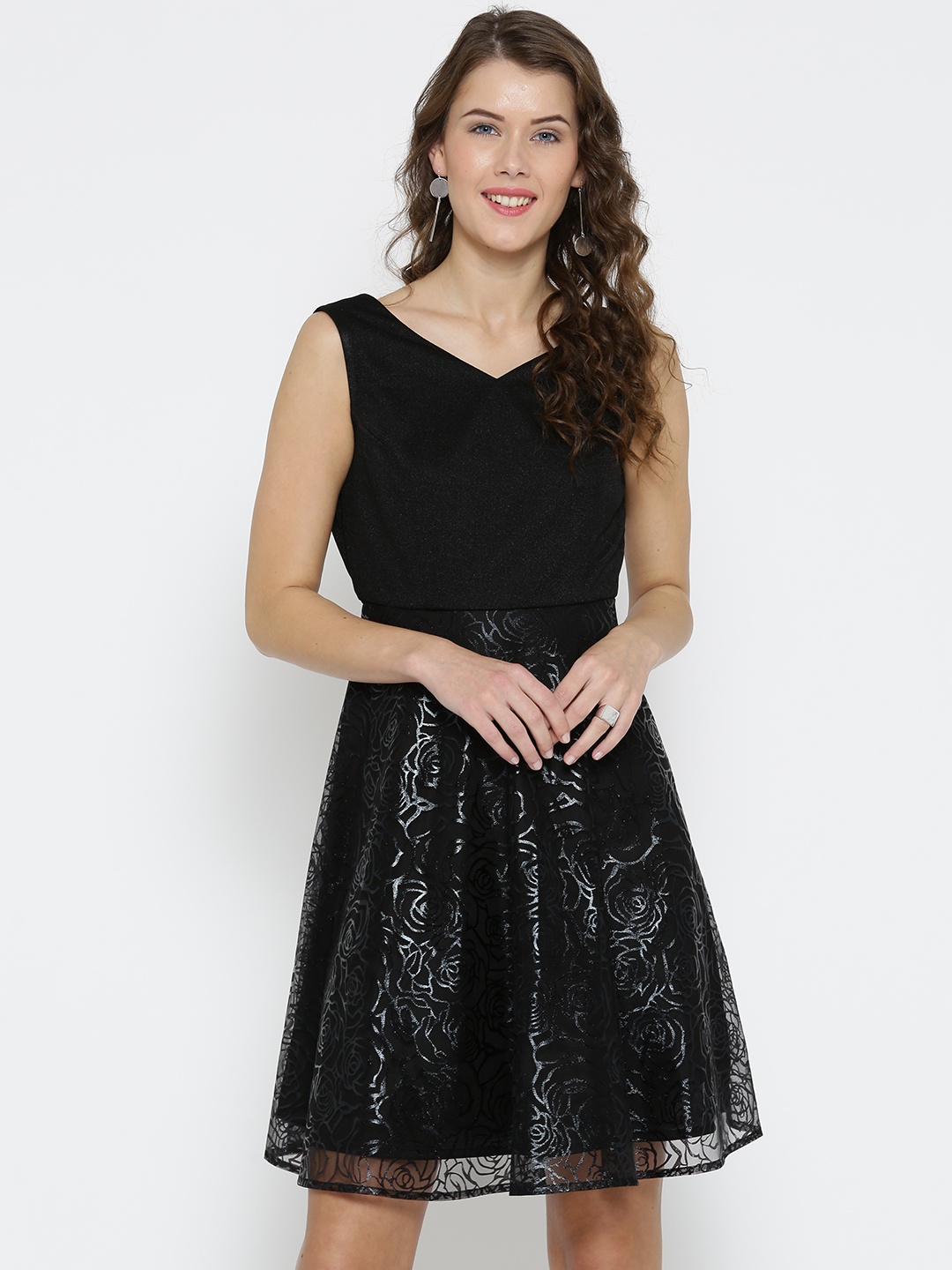 

Miss Chase Women Black Printed Fit & Flare Dress