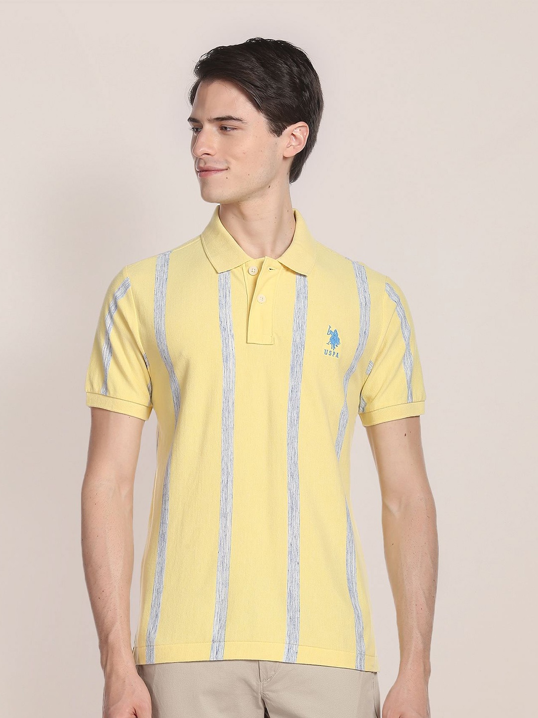 

U.S. Polo Assn. Vertical Striped Polo Collar Cotton T-shirt, Yellow