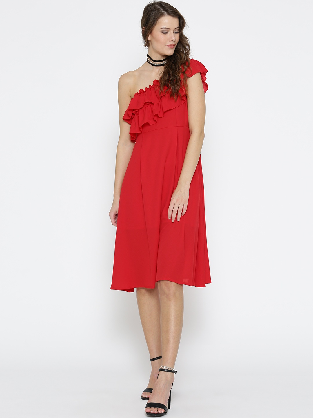 

Miss Chase Women Red Solid One-Shoulder Ruffled A-Line Dress