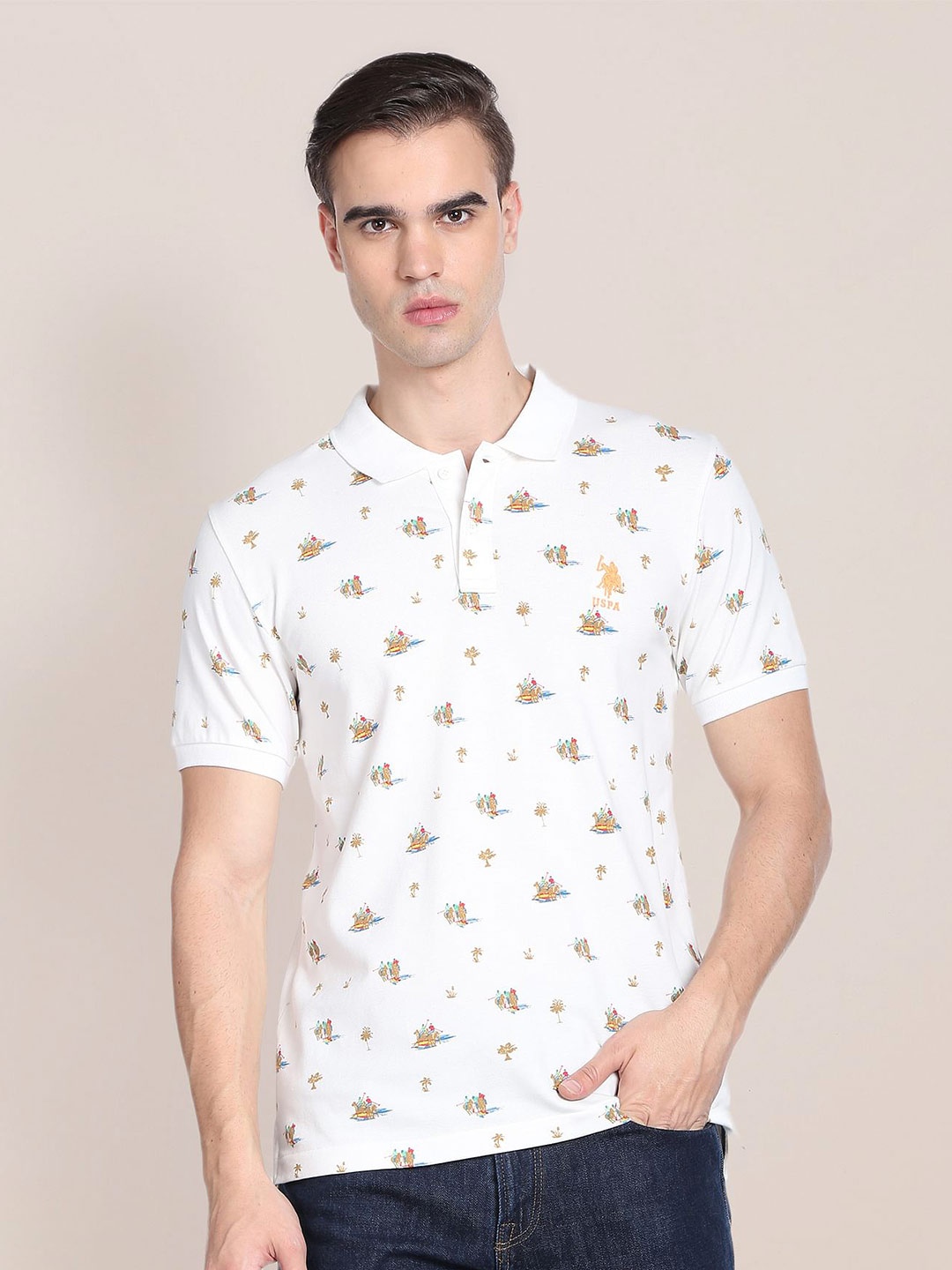 

U.S. Polo Assn. Conversational Printted Polo Collar Pure Cotton T-shirt, White
