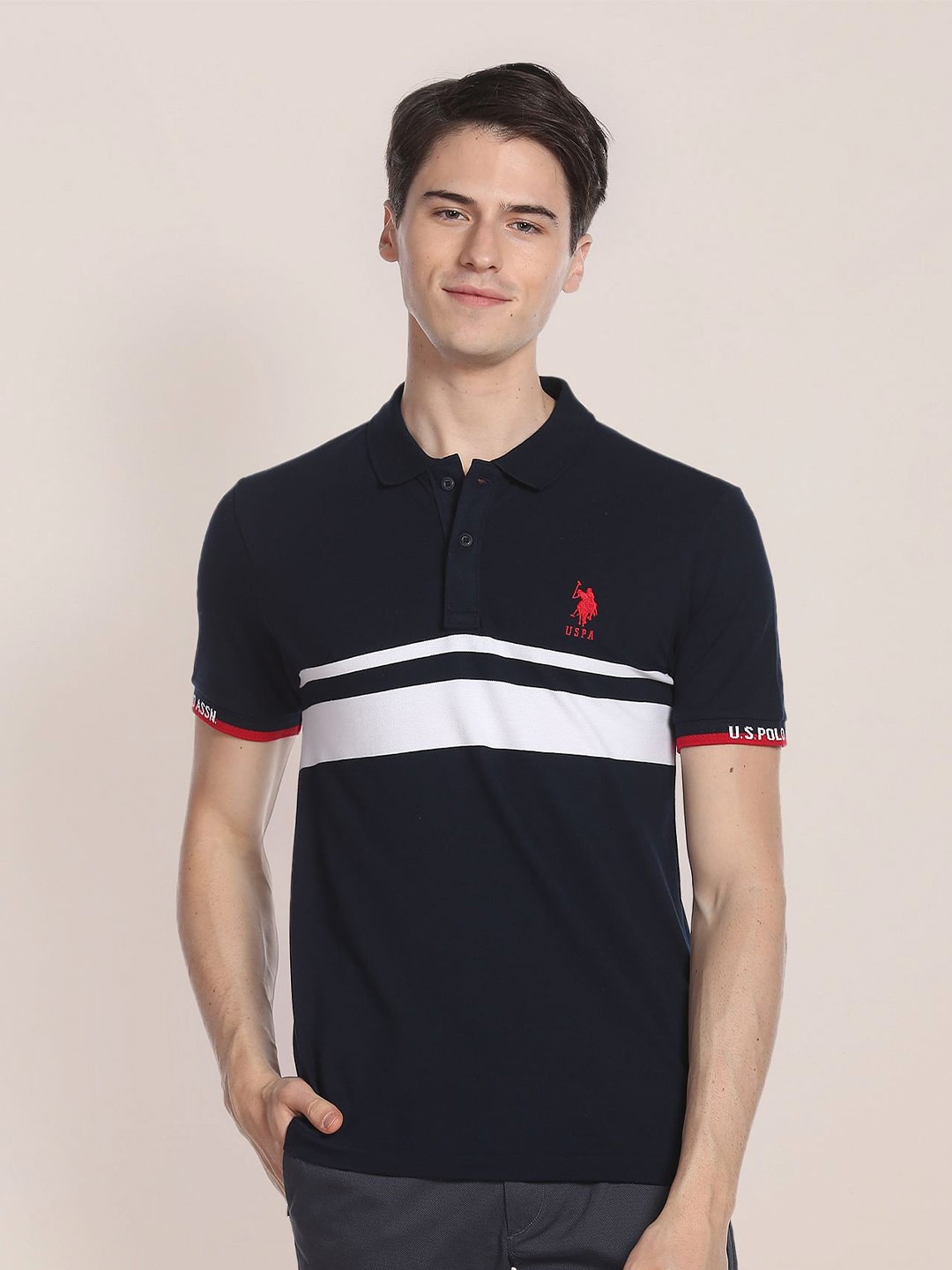 

U.S. Polo Assn. Striped Polo Collar Pure Cotton T-shirt, Navy blue