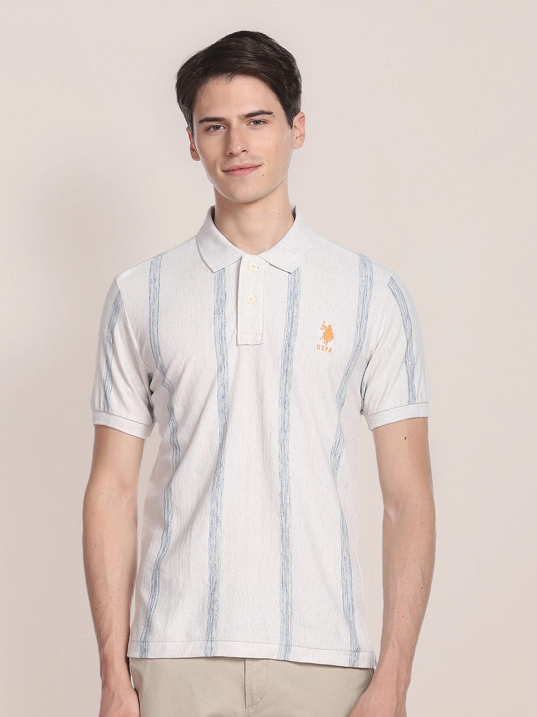 

U.S. Polo Assn. Striped Polo Collar Pure Cotton T-shirt, Grey