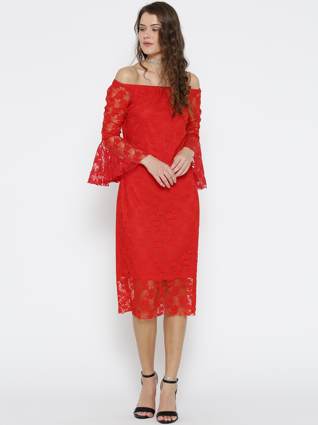 

Miss Chase Women Red Off-Shoulder Lace Midi Sheath Dress