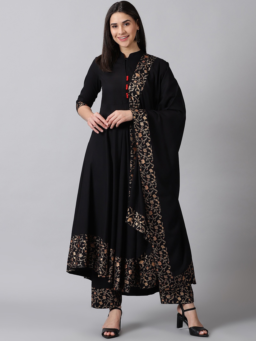 

DRESSAR Floral Printed Mandarin Collar Anarkali Kurta With Palazzos & Dupatta, Black