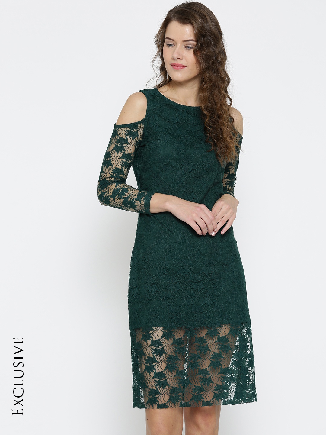 

Miss Chase Women Green Lace Cold-Shoulder Sheath Dress