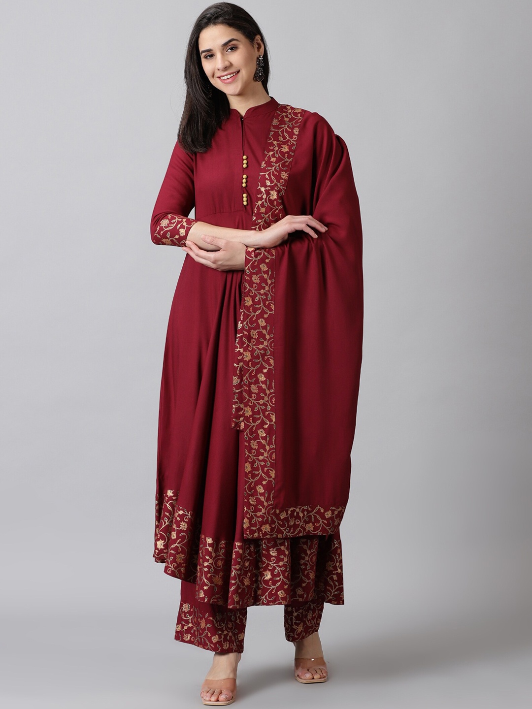 

DRESSAR Floral Printed A-Line Kurta With Trousers & Dupatta, Maroon