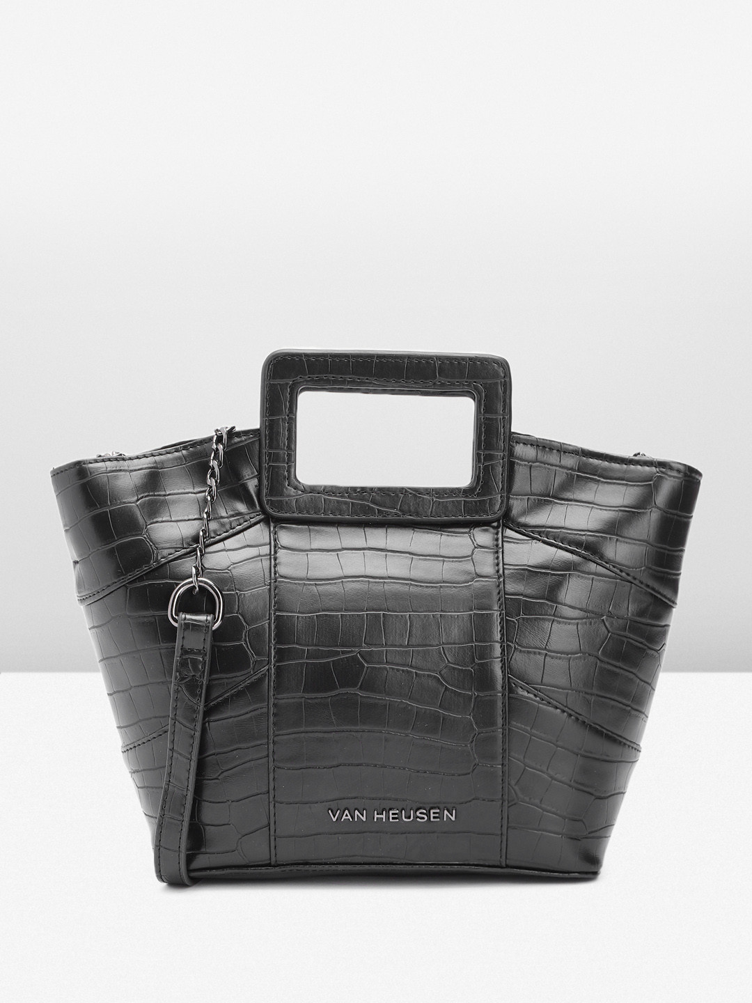 

Van Heusen Crocodile Textured PU Structured Sling Bag with Cut Work, Black